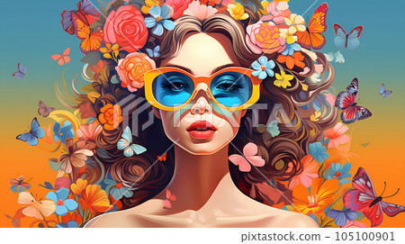 手绘卡通唯美的花丛中戴墨镜的女人插画 105100901