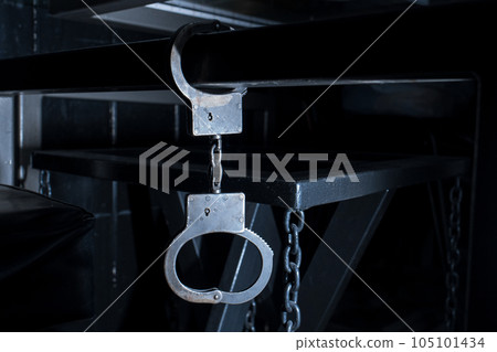 Crime justice arrest criminal object chain law legal control metal silver police lock handcuff concept Crime justice arrest criminal object chain law legal control metal silver police lock handcuff concept 105101434