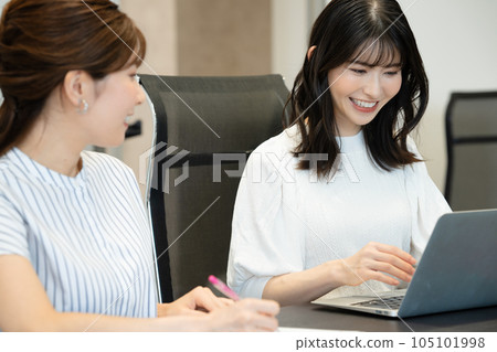 兩名婦女在會議室討論業務 105101998