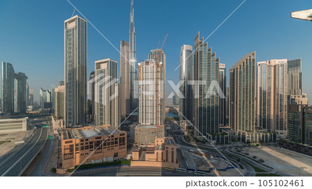 Aerial view of Dubai Downtown skyline with many towers timelapse. Aerial view of Dubai Downtown skyline with many towers timelapse. 105102461