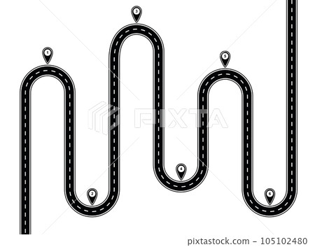 Road trip route. Winding road with pin pointers, vector illustration 105102480