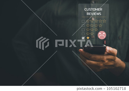 Negative user experience concept. Hand giving one star rating on smartphone review. Dissatisfied customer expressing their unhappiness and disappointment. Poor rating impacting business reputation 105102718