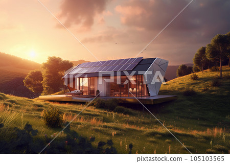 Vision of sustainable environment, house with solar panels against the sunset. Generative Ai. 105103565