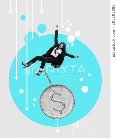 Young woman, employee falling down with coin symbolizing financial crisis of enterprise. Contemporary art collage. Young woman, employee falling down with coin symbolizing financial crisis of enterprise. Contemporary art collage. 105103889
