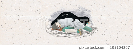 Young girl lying on floor in depression, suffering from inner fears, manipulation and loneliness. Contemporary art collage. 105104267