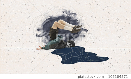 Young man lying on floor in depression and mental breakdown. Sadness. Contemporary art collage. 105104271