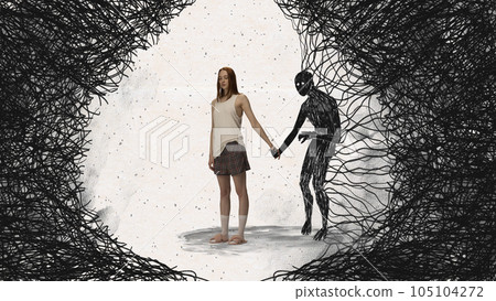 Young depressed, tired, stressful woman suffering from darkness and fears. Contemporary art collage. Young depressed, tired, stressful woman suffering from darkness and fears. Contemporary art collage. 105104272
