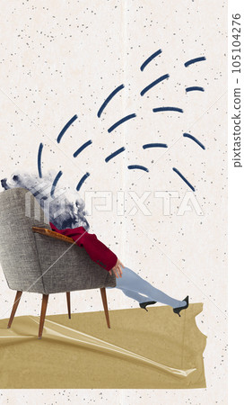 Young woman sitting on armchair and suffering from broken heart, crying. Contemporary art collage. 105104276