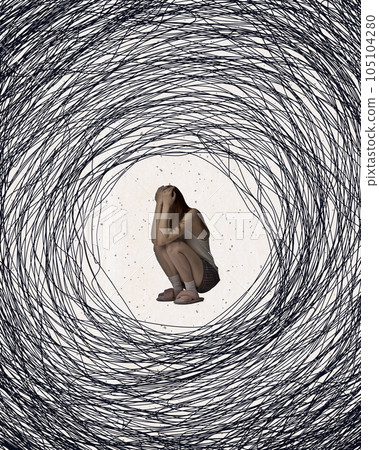 Tangled thoughts and overthinking, Young woman suffering from depression and mental breakdown. Contemporary art collage. Tangled thoughts and overthinking, Young woman suffering from depression and mental breakdown. Contemporary art collage. 105104280