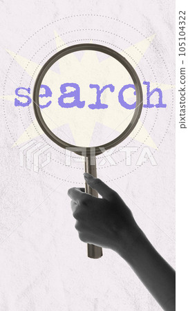 Female hand holding magnifying glass, making professional researchers. Contemporary art collage. Conceptual design 105104322