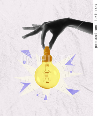 Human hand holding lightbulb over head silhouette symbolizing creative ideas. Contemporary art collage. Conceptual design 105104325