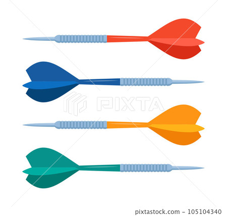 Red, green, blue and yellow darts isolated on white background. Vector set of realistic dart arrows. 105104340