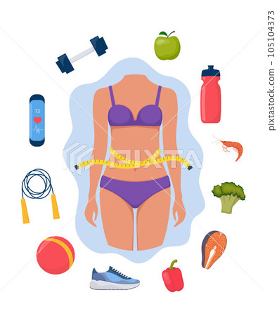 Weight loss concept. Slim woman body in underwear surrounded by healthy lifestyle icons. Healthy food and sport. Vector illustration. 105104373