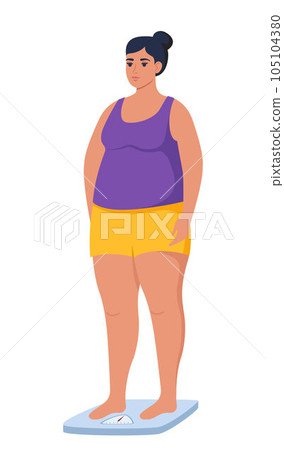 Fat obese woman standing on weigh scales. Oversize fatty girl. Obesity weight control concept. Overweight female cartoon character full length. Vector illustration. Fat obese woman standing on weigh scales. Oversize fatty girl. Obesity weight control concept. Overweight female cartoon character full length. Vector illustration. 105104380