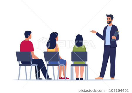 Man trains newcomers to company. HR manager explains tasks, sets goals for interns. Staff management concept. Personnel training. Onboarding, orientation training on first day. Vector illustration. Man trains newcomers to company. HR manager explains tasks, sets goals for interns. Staff management concept. Personnel training. Onboarding, orientation training on first day. Vector illustration. 105104401
