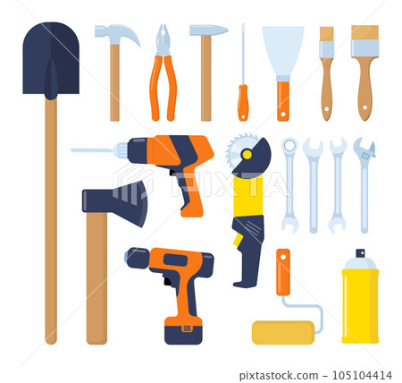 Collection of working tools. Repair and construction tools icon set. Hammer, pliers, chisel, file, screwdriver, shovel, axe, wrench, saw, drill, ruler, grinder, tool box. Vector illustration. 105104414