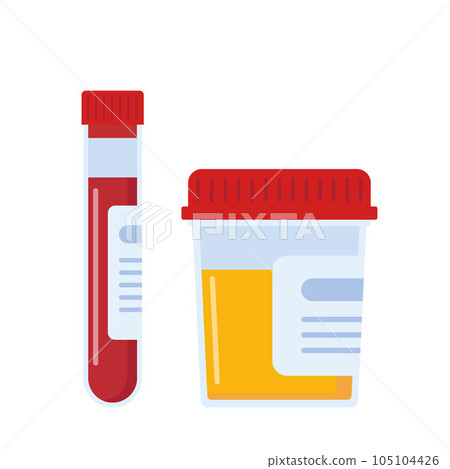 Laboratory samples of urine and blood. Medical sample in a glass tube. Laboratory container. Vector illustration. 105104426