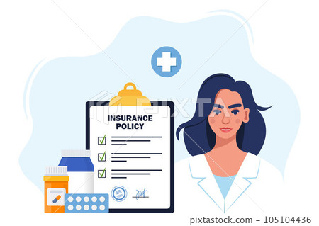Health insurance concept. Insurance policy on clipboard, medical drugs, pills, woman doctor in medical robe. Check list with signature on board. Vector illustration. Health insurance concept. Insurance policy on clipboard, medical drugs, pills, woman doctor in medical robe. Check list with signature on board. Vector illustration. 105104436