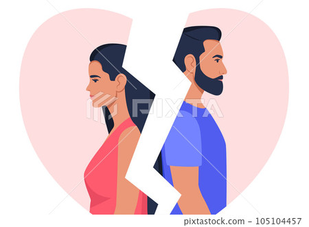 Man and woman stand with their backs to each other, broken heart on background. Concept of divorce, misunderstanding, disagreement, relationship troubles. Man and woman in a quarrel, conflict. Vector. 105104457