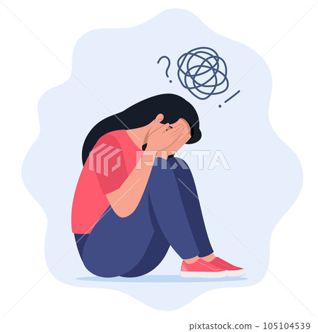 Depressed Unhappy Woman Sit on Floor with Tangled Thoughts in Head, Girl Need Psychological Help. Mind Health Problem, Mental Disease. Vector Illustration. 105104539