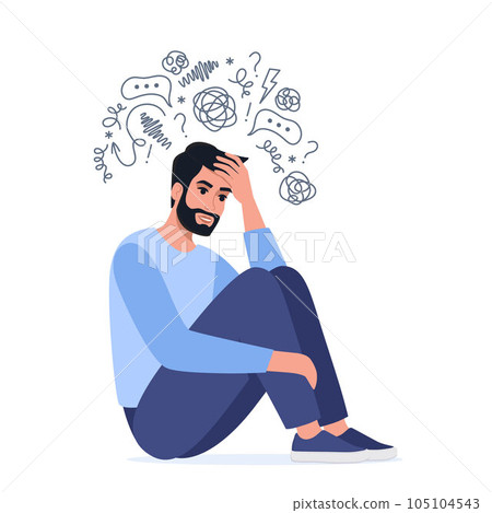 Young man is sitting surrounded by stream of thoughts, chaos in head. Mental disorder, anxiety, depression, stress, headache. Dizziness, sad, anxious thoughts, emotional burnout. Vector illustration. Young man is sitting surrounded by stream of thoughts, chaos in head. Mental disorder, anxiety, depression, stress, headache. Dizziness, sad, anxious thoughts, emotional burnout. Vector illustration. 105104543