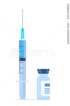 Plastic medical syringe with needle and vial, concept of vaccination, injection, treatment. Vector illustration. 105104601