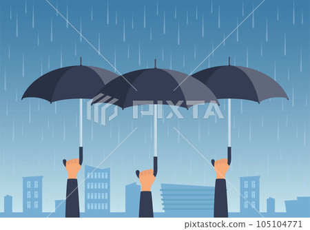 People hold umbrellas over the city in the rain. Hands holding open umbrellas. Concept vector Illustration. 105104771