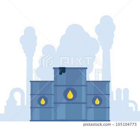 Barrels with oil drop icon and highly polluting factory plant with smoking towers and pipes on background. Barrel with waste. Ecology, environmental pollution. Vector illustration. Barrels with oil drop icon and highly polluting factory plant with smoking towers and pipes on background. Barrel with waste. Ecology, environmental pollution. Vector illustration. 105104773