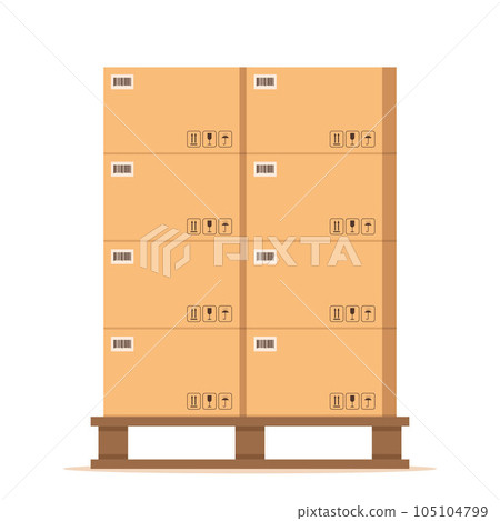 Boxes pallet. Beige cardboard closed box stack with fragile sign on wooden pallets, packaging cargo storage, industry shipment, shipping goods. Vector illustration. Boxes pallet. Beige cardboard closed box stack with fragile sign on wooden pallets, packaging cargo storage, industry shipment, shipping goods. Vector illustration. 105104799
