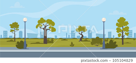 Path in a city park on a sunny summer day. Public park with nature landscape and buildings on background. Flat vector illustration. 105104829