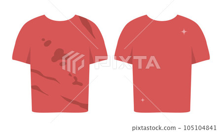 Dirty untidy t shirt with stains and neat clean t-shirt. Fresh cotton clothes with removed mud. Soiled and tidy washed garment. Washing clothes. Household concept. Flat vector illustration. Dirty untidy t shirt with stains and neat clean t-shirt. Fresh cotton clothes with removed mud. Soiled and tidy washed garment. Washing clothes. Household concept. Flat vector illustration. 105104841