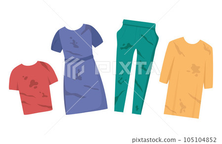 Dirty clothes set. T-shirt, dress, trousers, blouse with mud spots. Clothes with stains. Flat vector illustration for housekeeping, cleanliness concept. 105104852