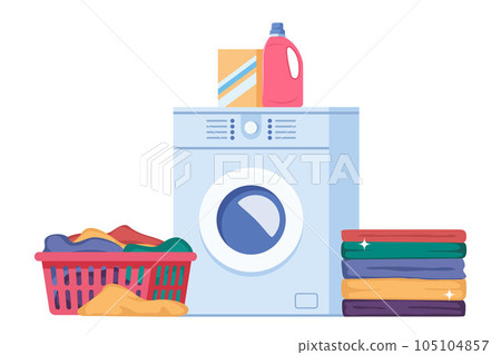 Laundry infographics with sequence of four different stages of washing process. Washing clothes. Dirty linen, washing machine, pile of clean clothes. Housekeeping concept vector illustration. 105104857