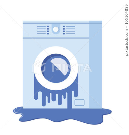 Broken washing machine. Damaged washer with water flowing on floor, need repair. Vector illustration. 105104859