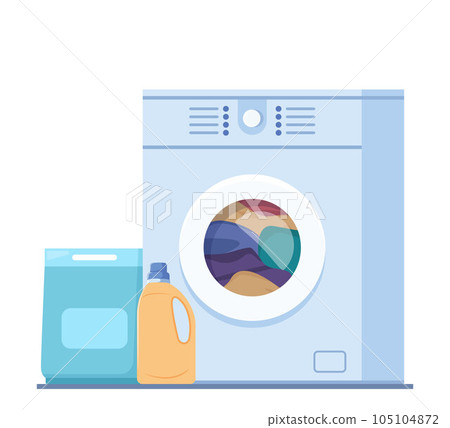 Washing machine with linen in it and cleaning products, washing powder and conditioner. Clothing wash vector concept illustration. Washing machine with linen in it and cleaning products, washing powder and conditioner. Clothing wash vector concept illustration. 105104872