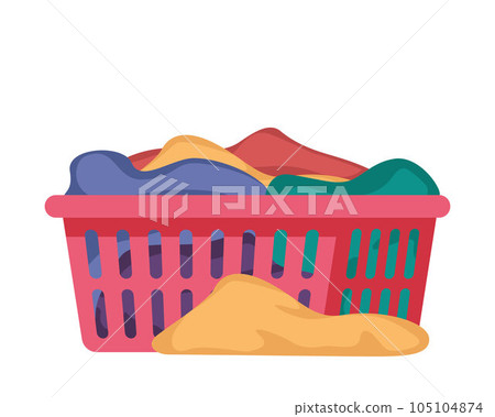 Dirty clothes. Apparel heap with stains in basket, different cotton t-shirts, dresses, trousers, blouses. Vector illustration. Dirty clothes. Apparel heap with stains in basket, different cotton t-shirts, dresses, trousers, blouses. Vector illustration. 105104874