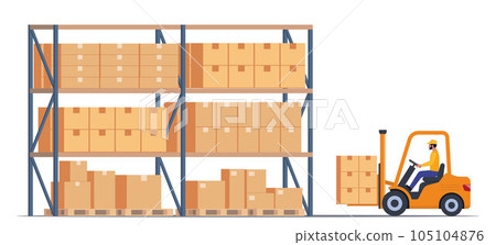 Moving boxes in the warehouse by means of a hydraulic forklift truck. Storage, sorting and delivery. Storage equipment. Flat vector illustration. Moving boxes in the warehouse by means of a hydraulic forklift truck. Storage, sorting and delivery. Storage equipment. Flat vector illustration. 105104876