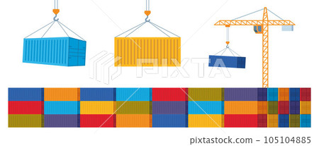Crane lifts with cargo container. Industrial crane hook and stack of colorful cargo containers, set of elements. Freight Shipping concept. Vector illustration. 105104885
