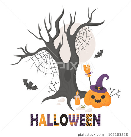 Halloween. Pumpkin jack lantern in witch hat with broom and candle with bats under Spooky tree with cobwebs. Vector illustration in cartoon flat style for holiday design, postcards, decor and print Halloween. Pumpkin jack lantern in witch hat with broom and candle with bats under Spooky tree with cobwebs. Vector illustration in cartoon flat style for holiday design, postcards, decor and print 105105228