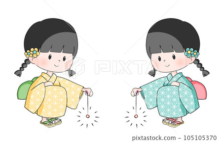 Illustration of two children wearing yukata and playing sparklers 105105370