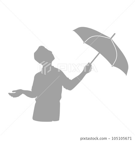 一個撐著雨傘的男人抬頭仰望天空，擔心天氣灰色的剪影 105105671