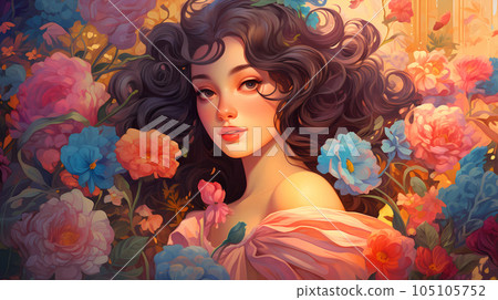 手绘卡通唯美的花丛中的贵族少女的女人插画 105105752