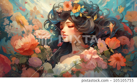 hand drawn cartoon beautiful illustration of aristocratic girl in flowers 105105755