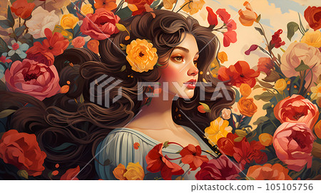 手绘卡通唯美的花丛中的贵族少女的女人插画 105105756