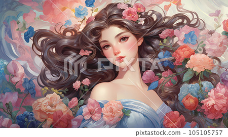 hand drawn cartoon beautiful illustration of aristocratic girl in flowers 105105757