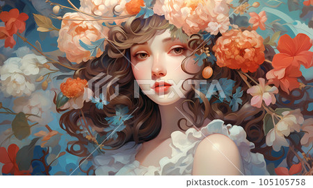 hand drawn cartoon beautiful illustration of aristocratic girl in flowers 105105758