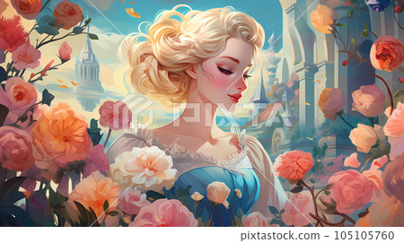 手绘卡通唯美的花丛中的贵族少女的女人插画 105105760