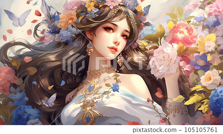 hand drawn cartoon beautiful illustration of aristocratic girl in flowers 105105761