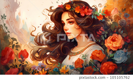 手绘卡通唯美的花丛中的贵族少女的女人插画 105105762