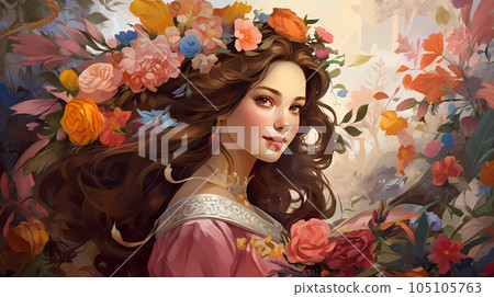 hand drawn cartoon beautiful illustration of aristocratic girl in flowers 105105763